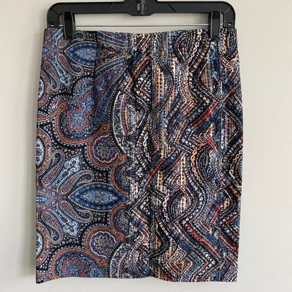 J.Jill Breeze Ponte Knit Pencil Skirt Paisley Medallion Black Blue XS NWT‎